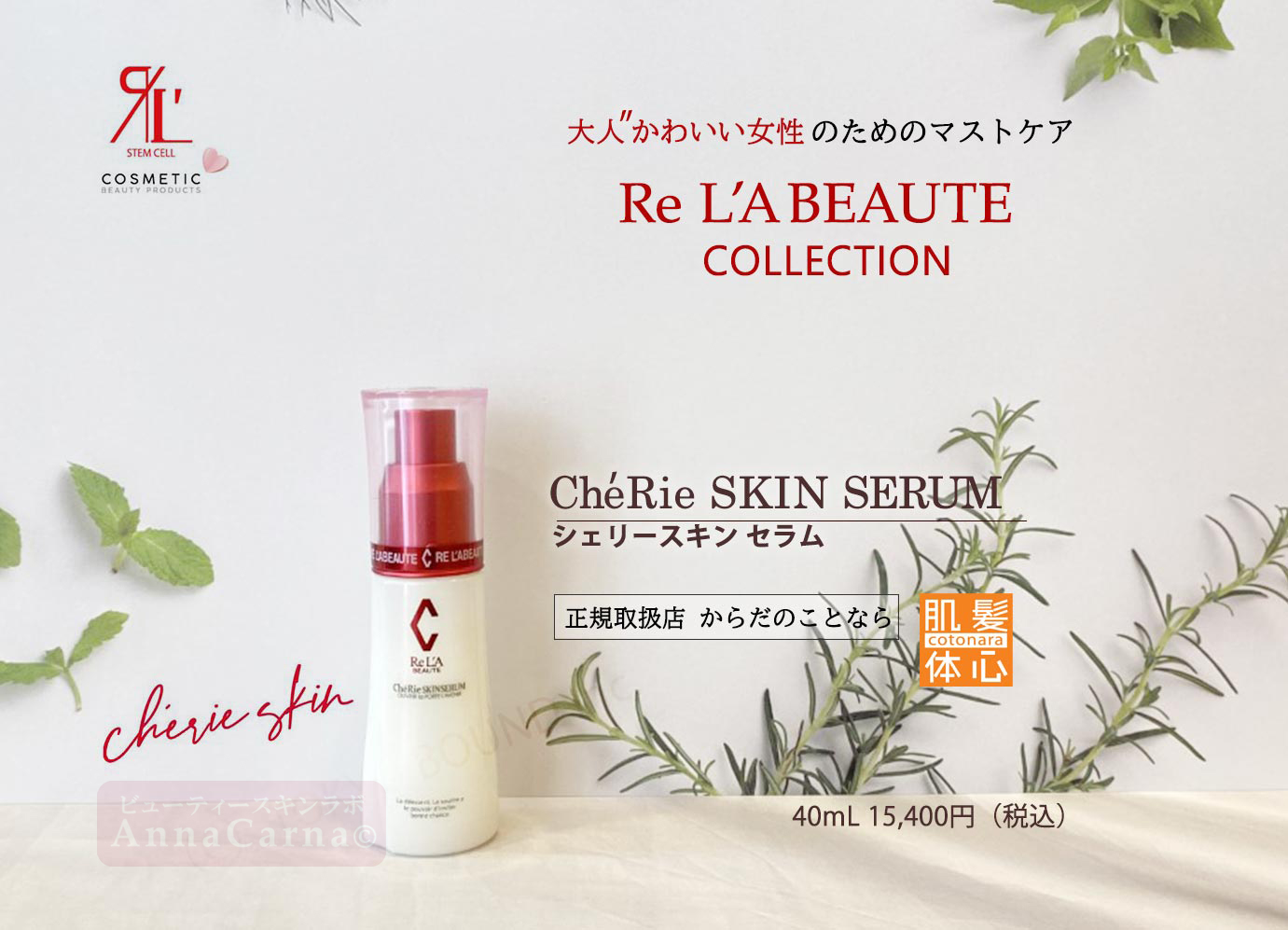 シェリースキンセラム（美容液）｜【リアボーテ正規取扱販売店 】肌と頭皮のお悩みに 幹細胞フェイシャル美容専門店 ビューティースキンラボ AnnaCarna〈からだのことなら〉銀座線・外苑前・表参道駅・青山一丁目駅｜クレアスキン・グランスキン・シェリースキン・リアムール・エキスパートローション・エキスパートスタイル・健美草 KEN BI SOU・美顔器 エクラボーテ正規販売｜購入方法・効果・使用方法・保管方法・特徴・違い・値段・ビフォーアフター・ネット販売通販対象外