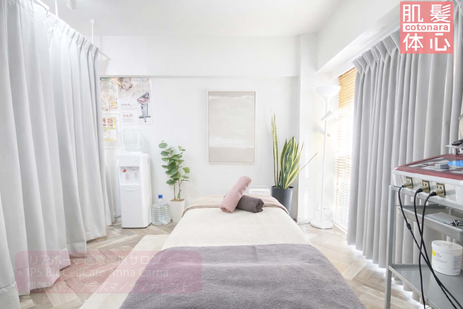 施術部屋｜AnnaCarna アンナカルナ/優秀店/シミケア専門／プラズマフェイシャル／O:Celloオセロ導入店／高濃度ヒト幹細胞／iPS細胞エステ／リアボーテ正規取扱店／リアボーテクレアスキン／リアボーテグランスキン／リアボーテシェリースキン／リアムールエキスパートローション／健美草／シミ取り放題／プラズマミストシャワー／肌質改善／小顔矯正／年齢肌ケア／毛穴改善／たるみケア／再生美容／ビフォーアフター／効果実感／使い方／口コミ／動画紹介／写真／方法／通販／ネット販売／オンラインカウンセリング／通販不可製品／正規販売店／芸能人愛用コスメ／幹細胞スキンケア／港区南青山／外苑前駅／青山一丁目駅／エステ個室完備